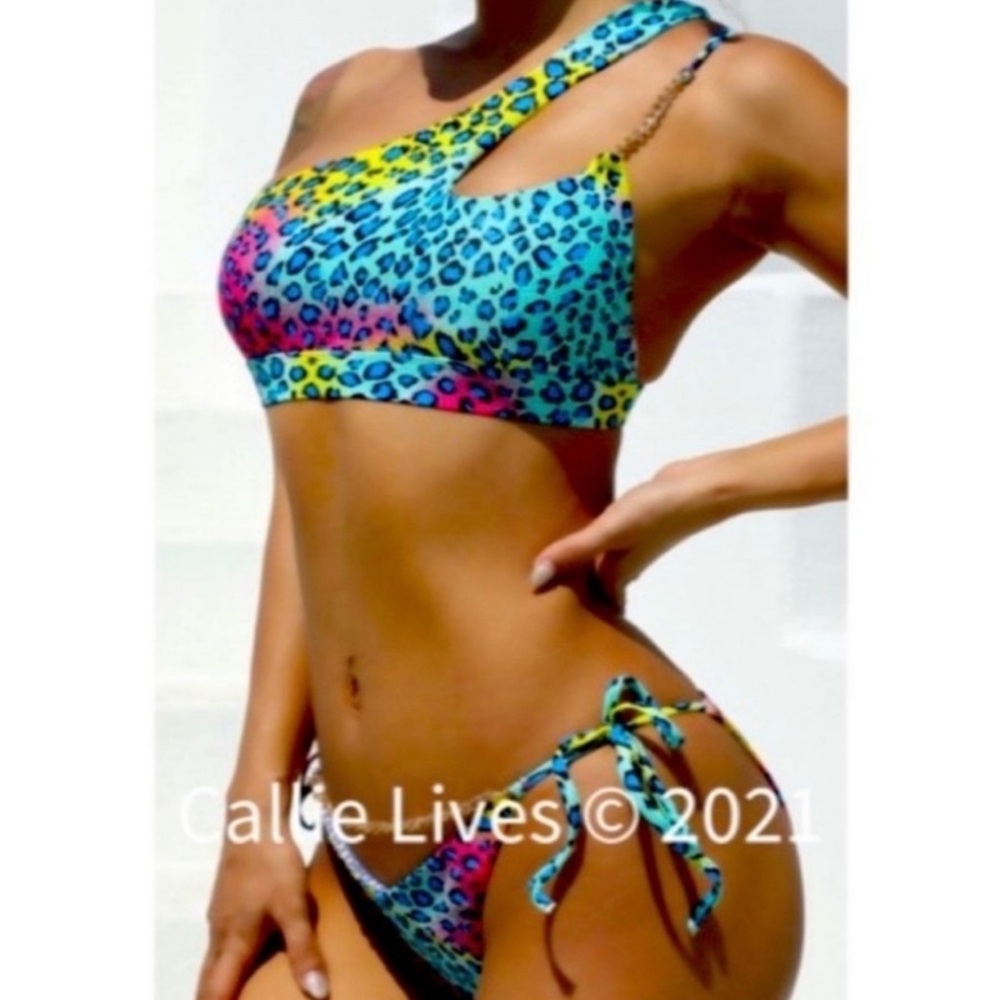 New! HOST PICK Wild Leopard Rainbow Chain One Shoulder Bikini